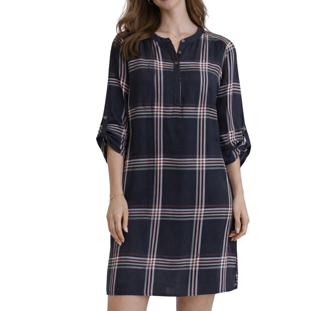 LOFT Petite Small Plaid Tunic Dress Navy Pink Tie Waist 3/4 Sleeve